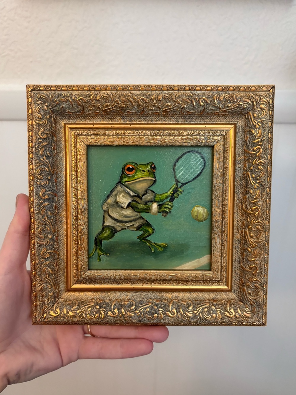 "Frog on the Court" Original oil painting on wood board mini framed 4x4"